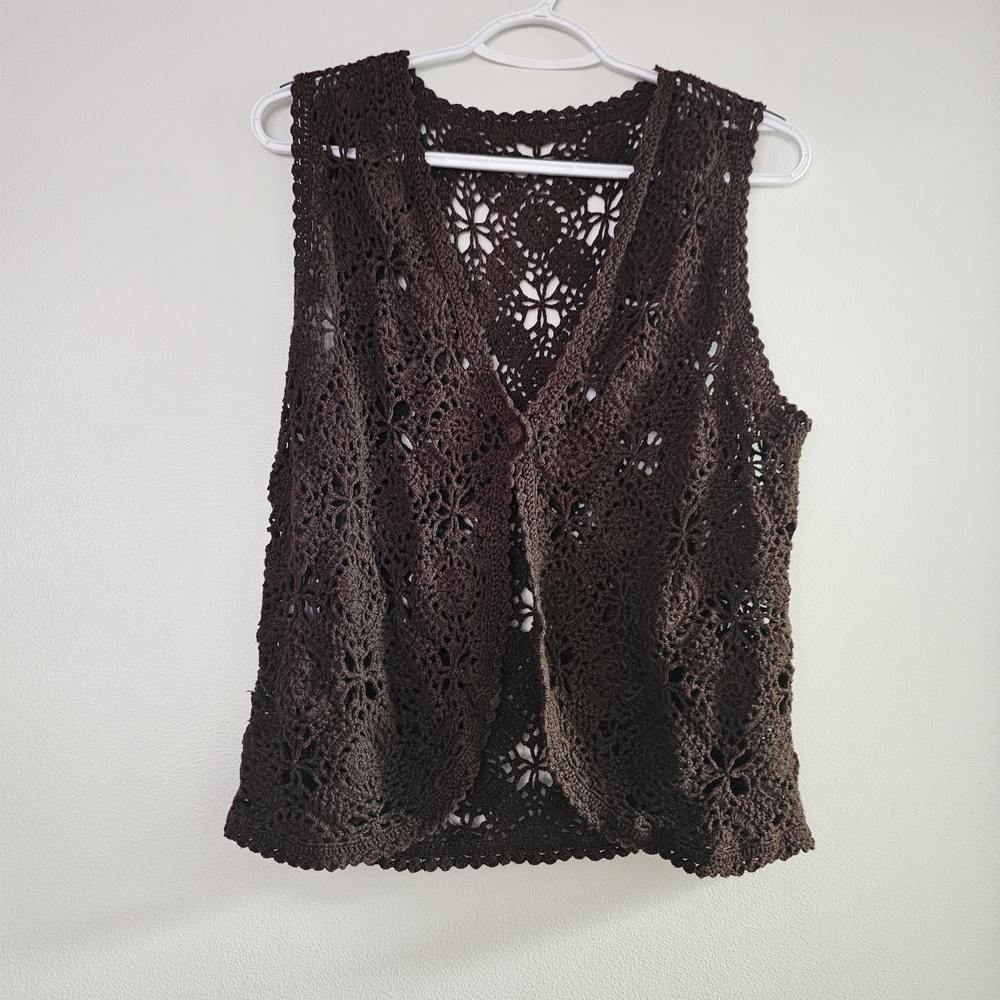 Brown Crochet Sleeveless Vest Coastal Cowgirl Whimsigoth Y2K Boho Cotton 90s